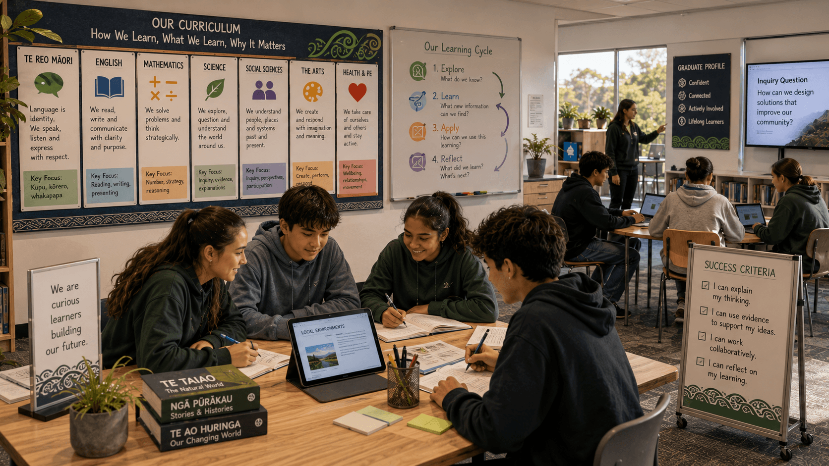 Students collaborating on inquiry in a NZ classroom